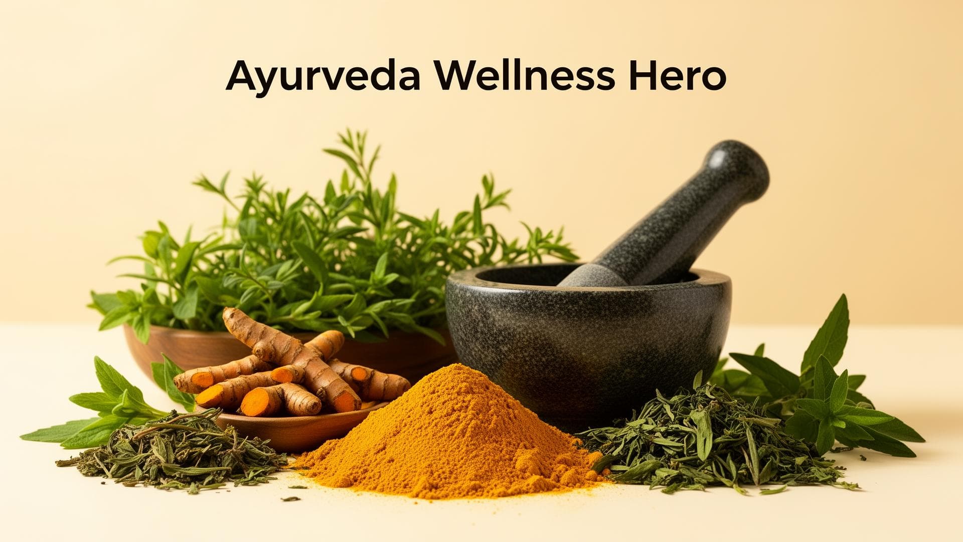 Ayurvedic herbs and spices arrangement with turmeric and mortar